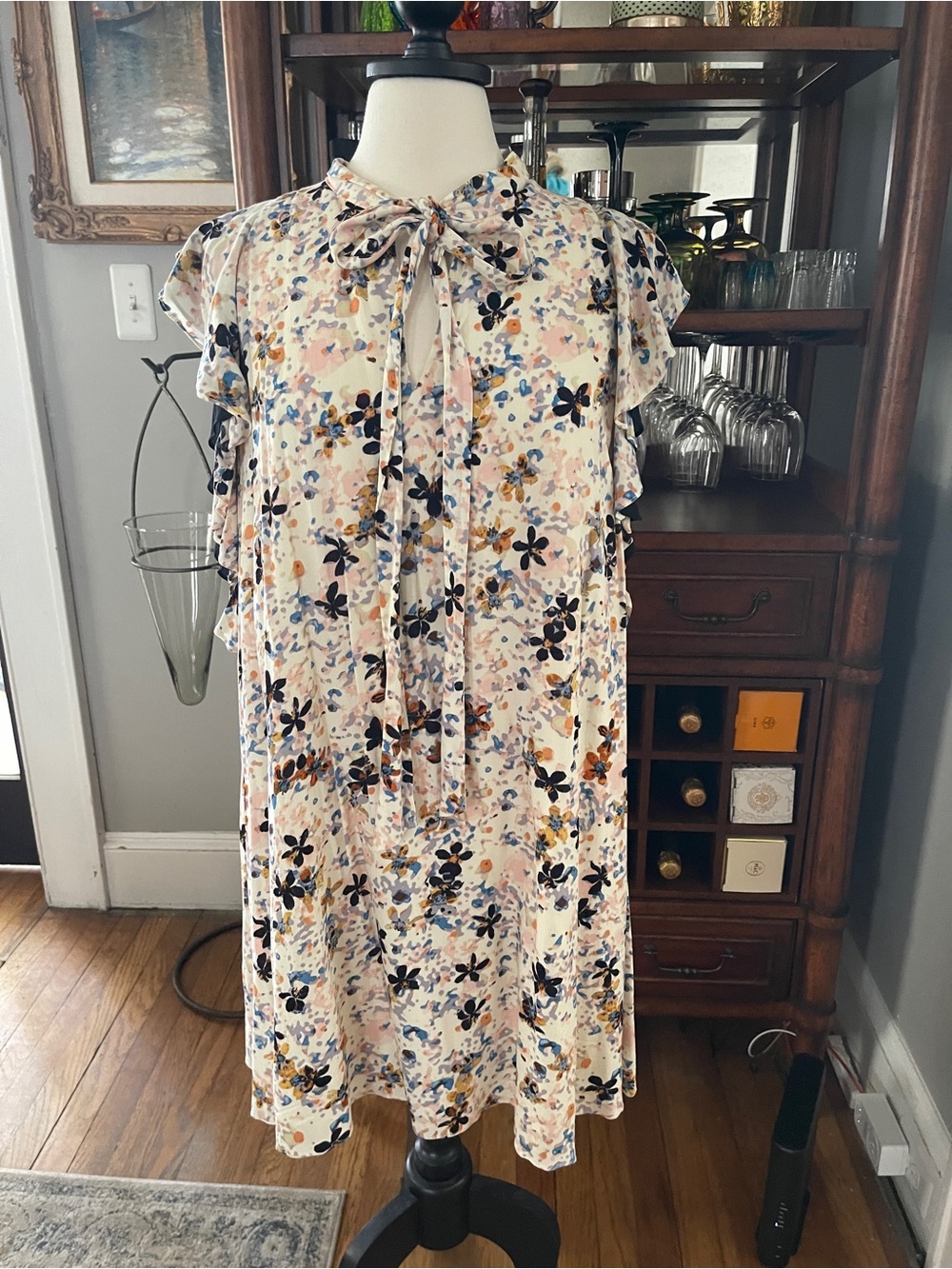 NWOT RACHEL Rachel Roy Cream Multicolor Floral Tie-Neck Dress